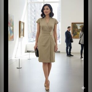 Sandra Darren wrap dress size 10 Cap Sleeve V-Neck Hardware light olive green